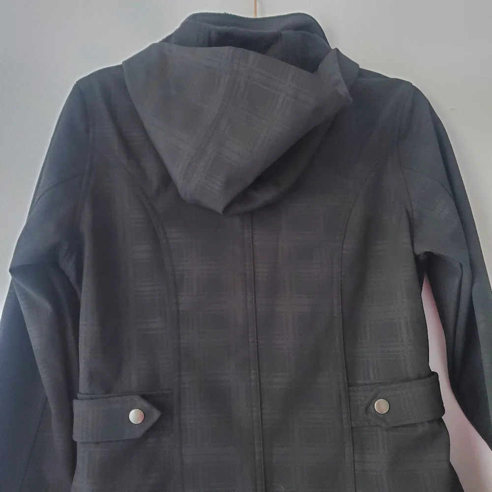 Free Country Woman's Black Plaid Hooded Trench Coat With Faux Fur Lining Sz S - Picture 3 of 16